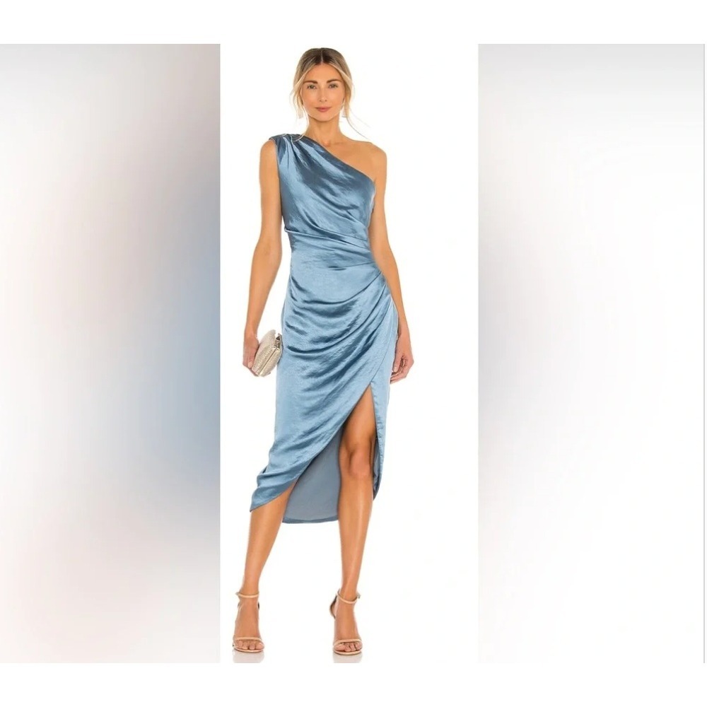 Elliatt Cassini One Shoulder Satin Midi Dress Slate Blue Small Cocktail Wedding